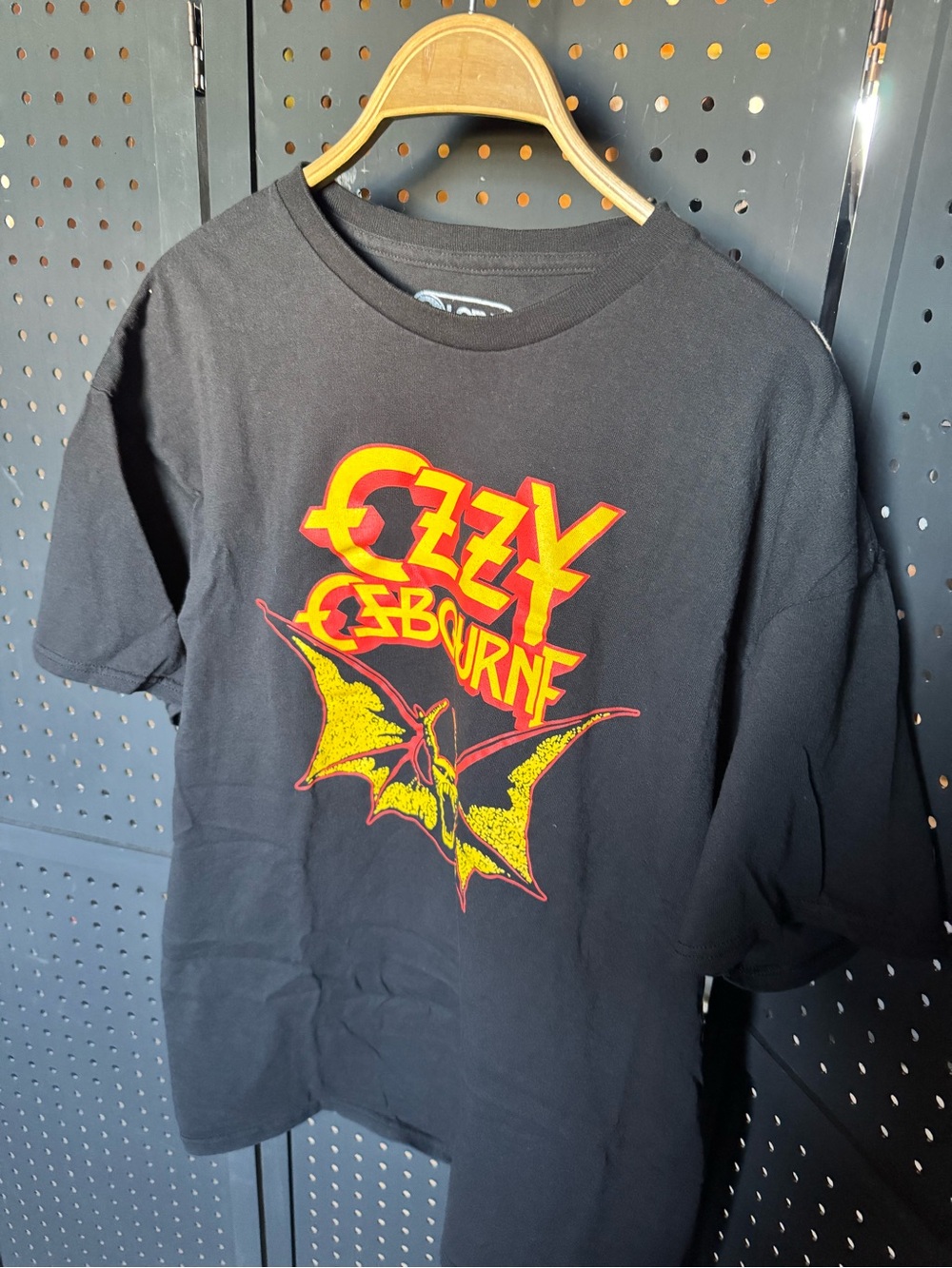 Ozzy Osbourne Black Graphic Band Tee with Yellow & Red Bat Logo